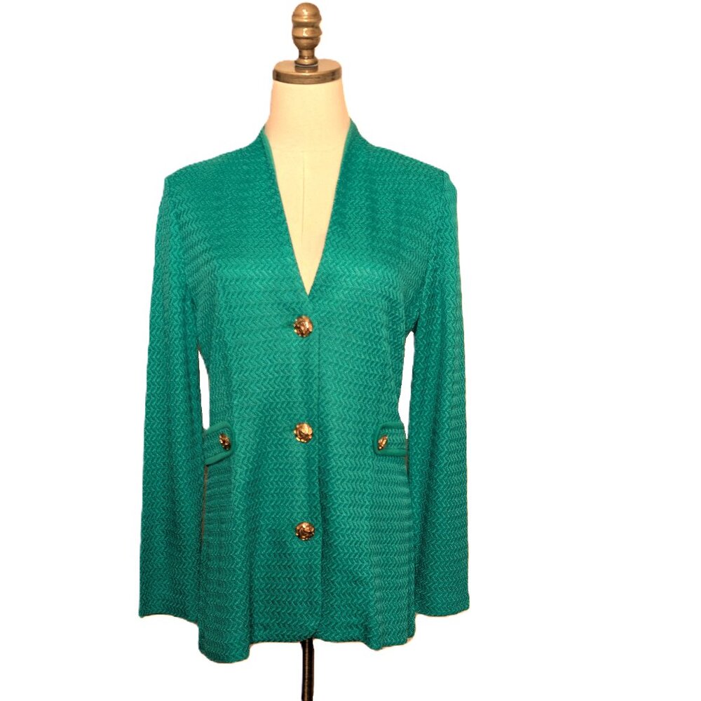Misook Textured Gold Button Cardigan Jacket Size S Green Chevron Silky Knit